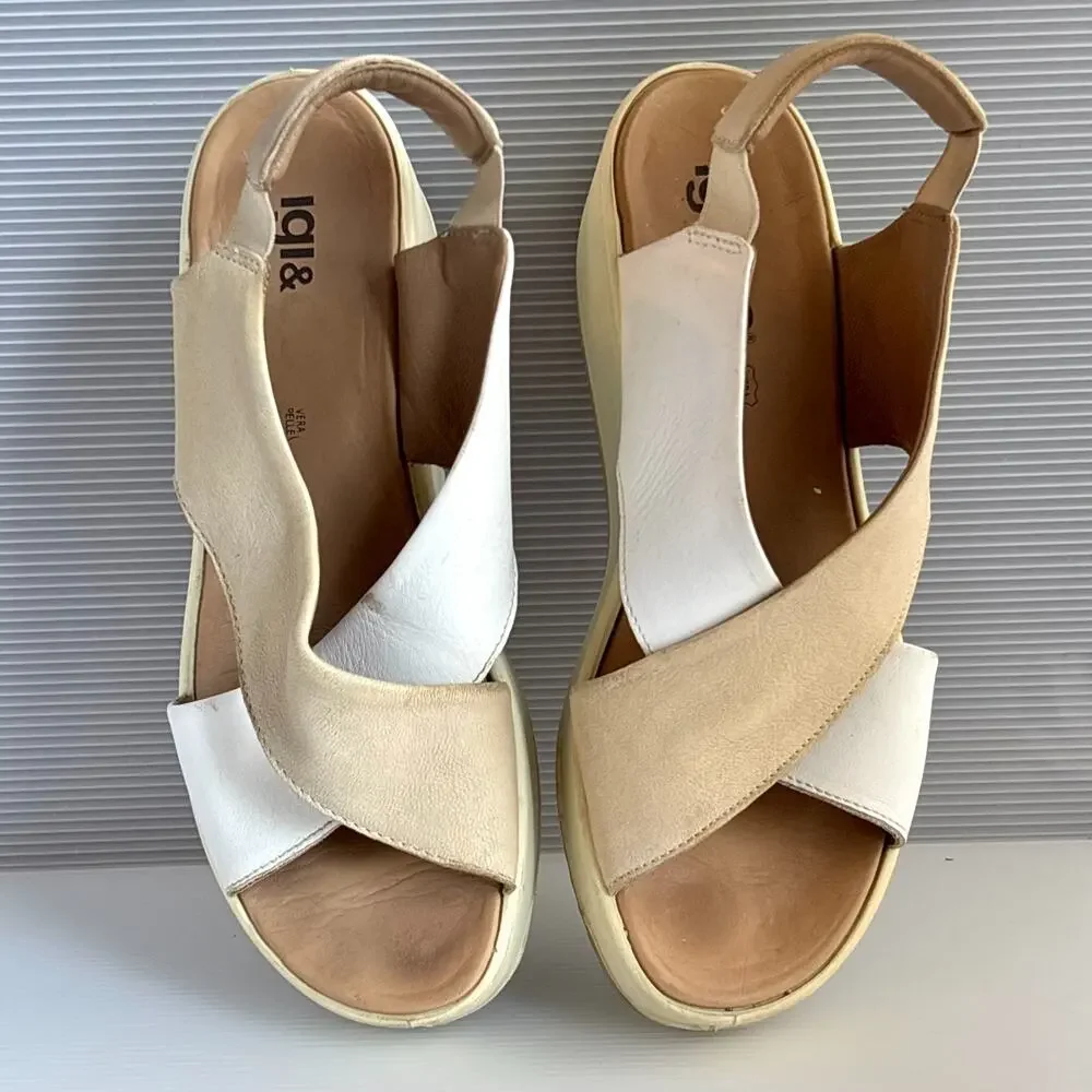 IGI&CO Italy Leather Platform Wedge Sandals White Beige Womens EU 38 US 7-7.5